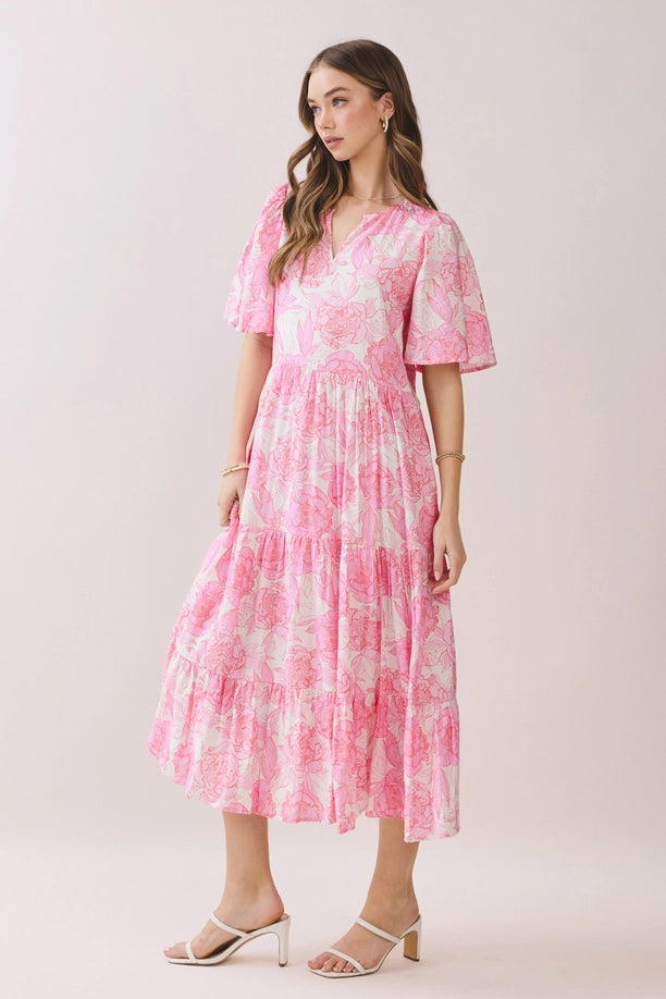Pink Floral V Neck Tiered Baby Doll Midi Dress
