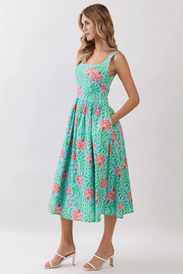 Tropical Floral Print Smocked Back Midi Dress