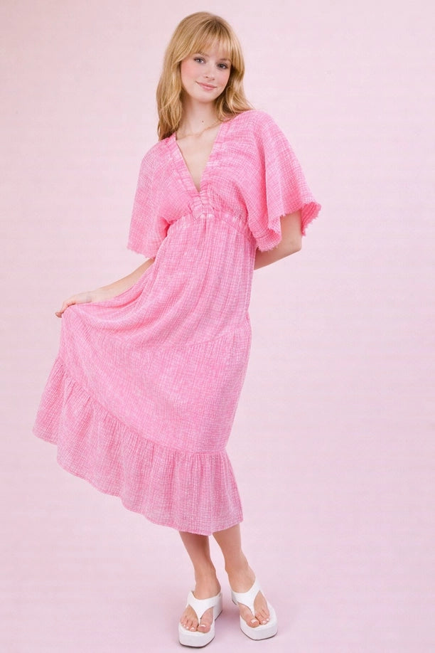 Mineral Washed Elastic Neck Detail Midi Dress