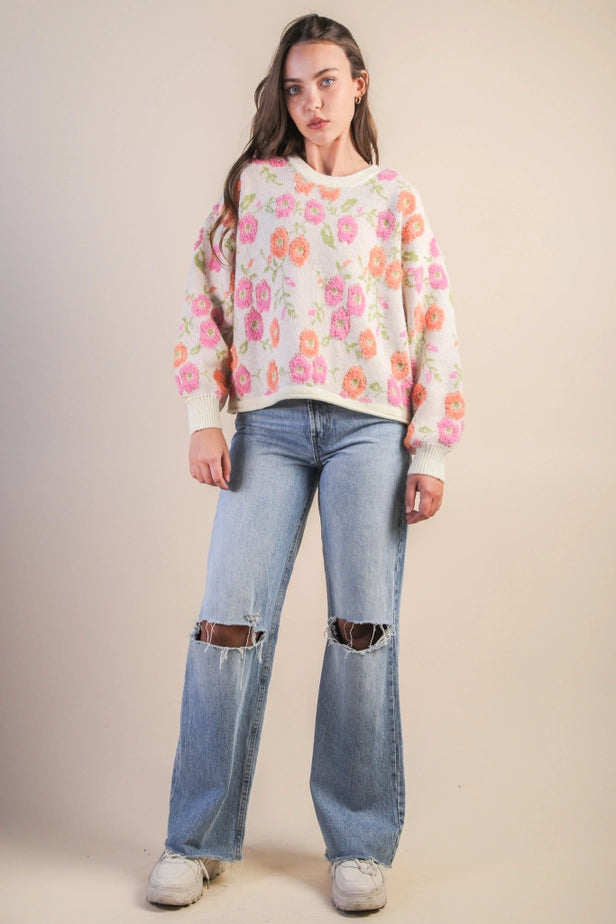 Oversized Floral Textured Printed Knit Sweater Top