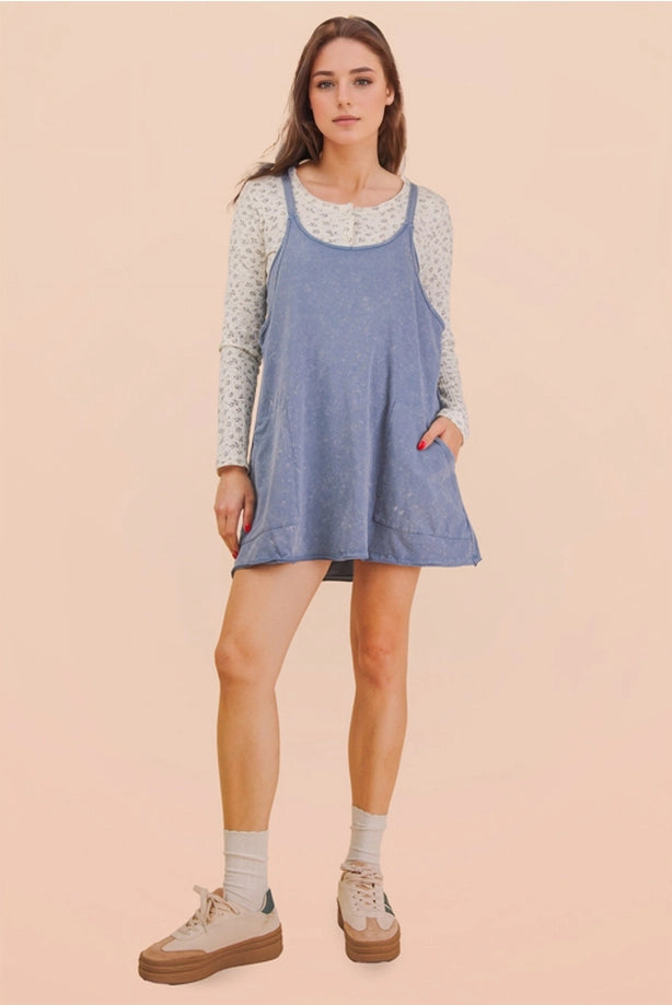 Mineral Washed Knit Mini Dress with Shorts (Denim)