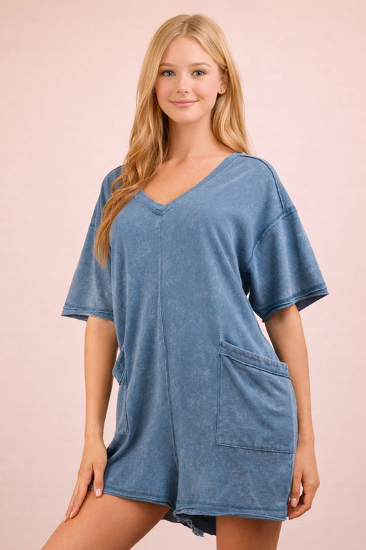 Mineral Washed Oversized Casual Knit Romper (Denim)