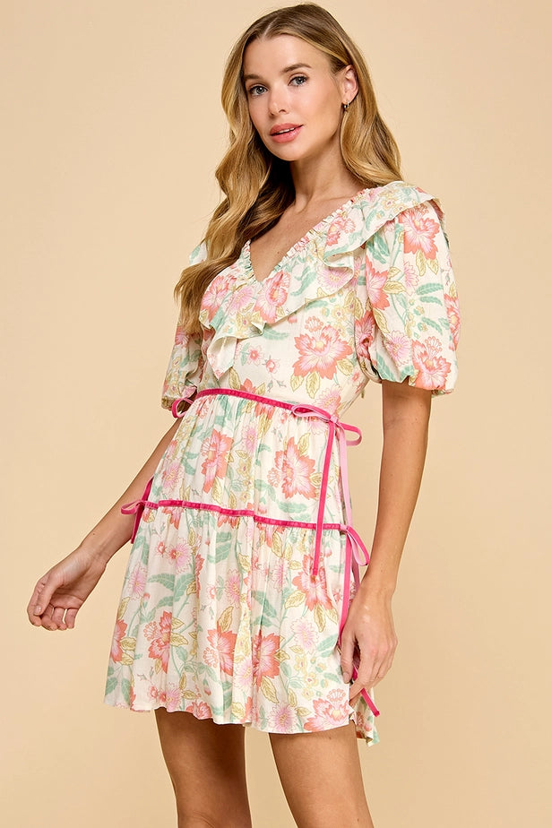 Floral Print V-Neck Ruffle Detail Dress