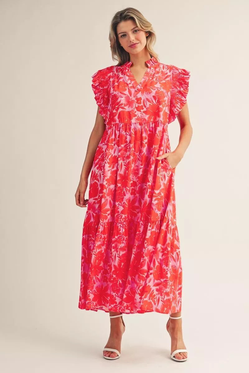 Pink & Red Ruffled Sleeve Midi Dress