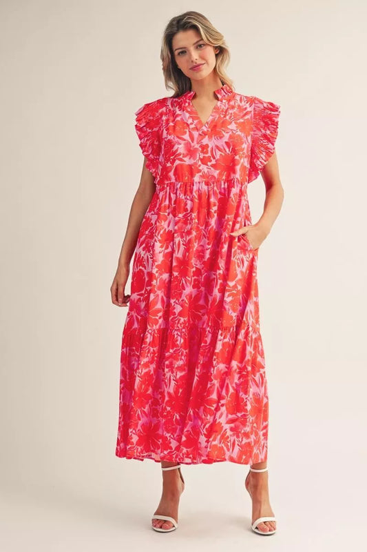 Pink & Red Ruffled Sleeve Midi Dress