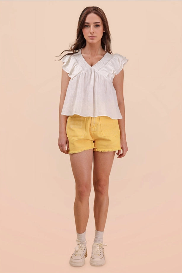 Smocking Detail Ruffle Sleeve Cotton Gauze Top