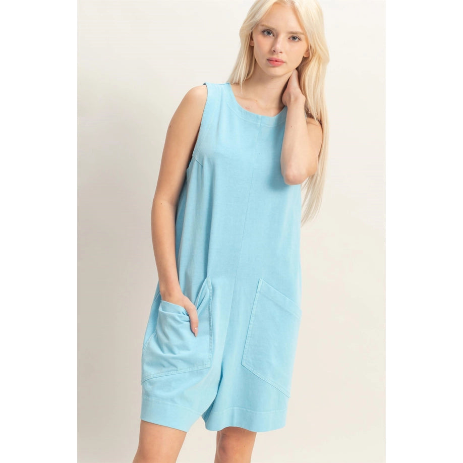 Pocket Detail Sleeveless Romper (Blue)