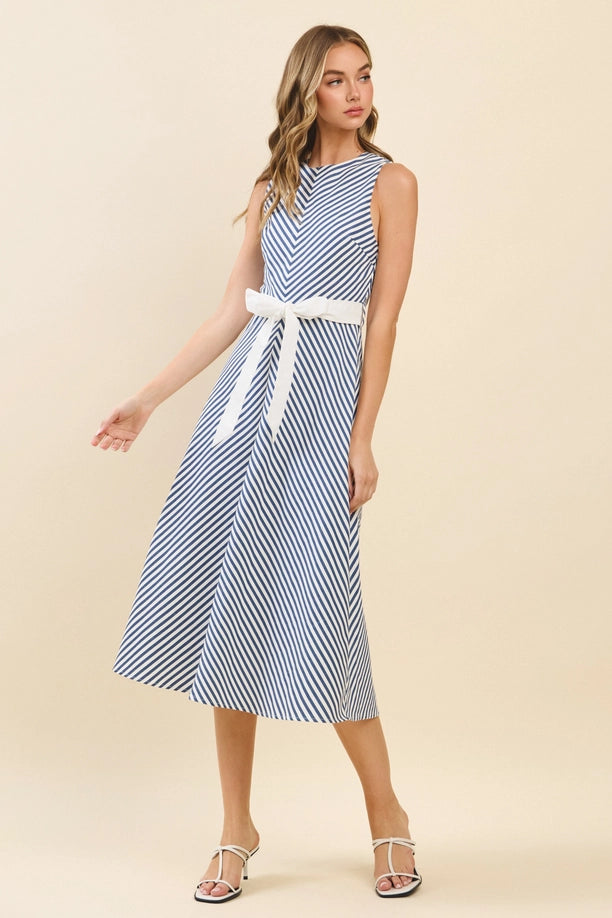 Chevron Pattern Striped Contrast Sash Midi Dress