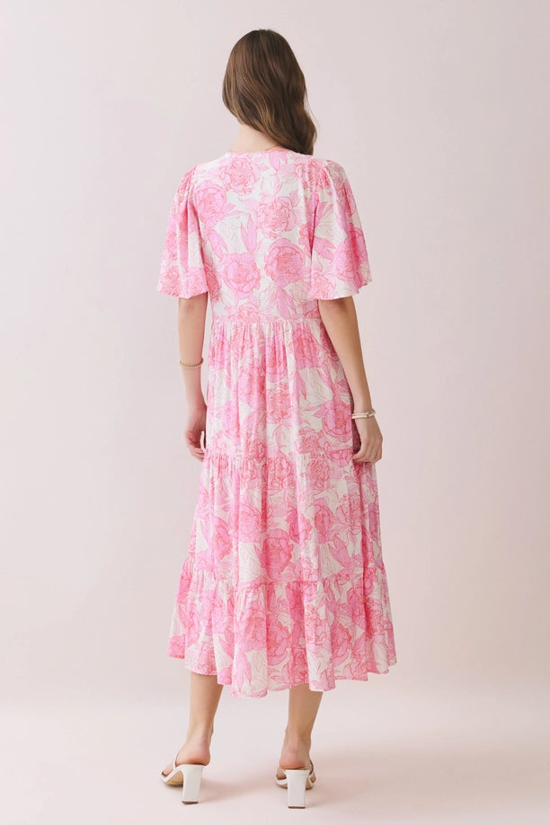 Pink Floral V Neck Tiered Baby Doll Midi Dress