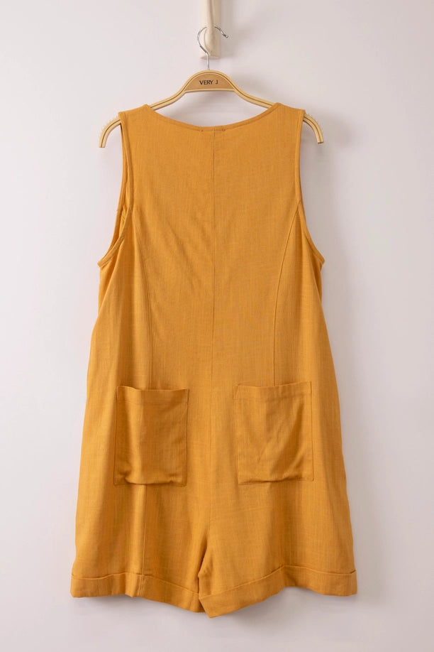 Sleeveless Button Down Linen Romper (Mustard)