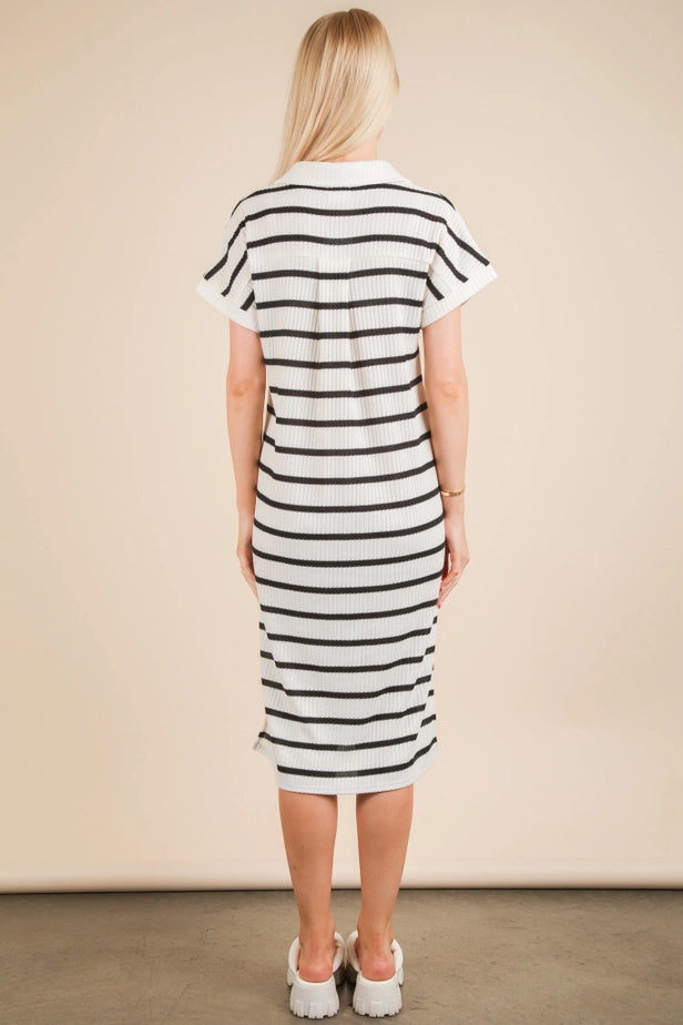 Oversized Collared Striped Knit Midi Dress