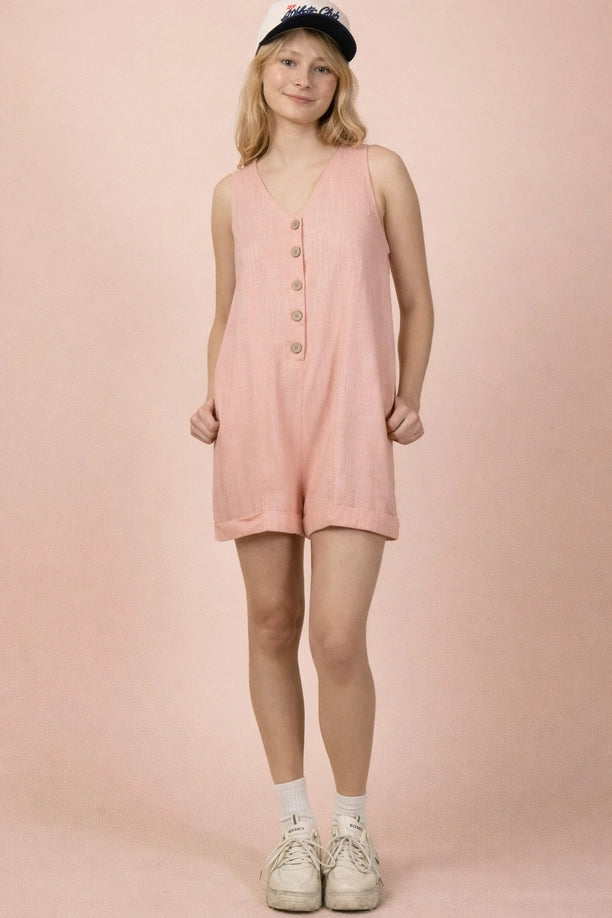 Sleeveless Button Down Linen Romper (Blush)
