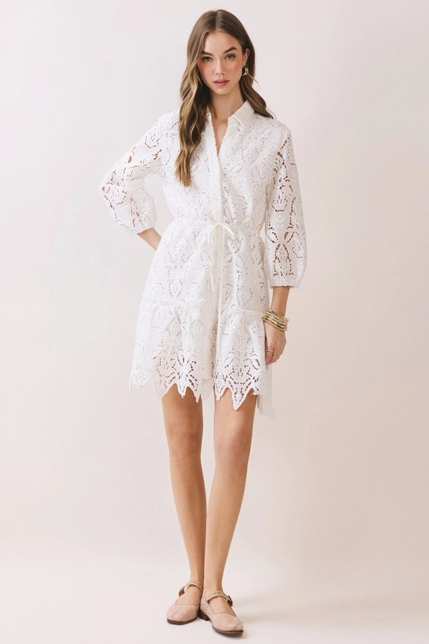 Floral Lace Tie Waist Button Down Mini Dress