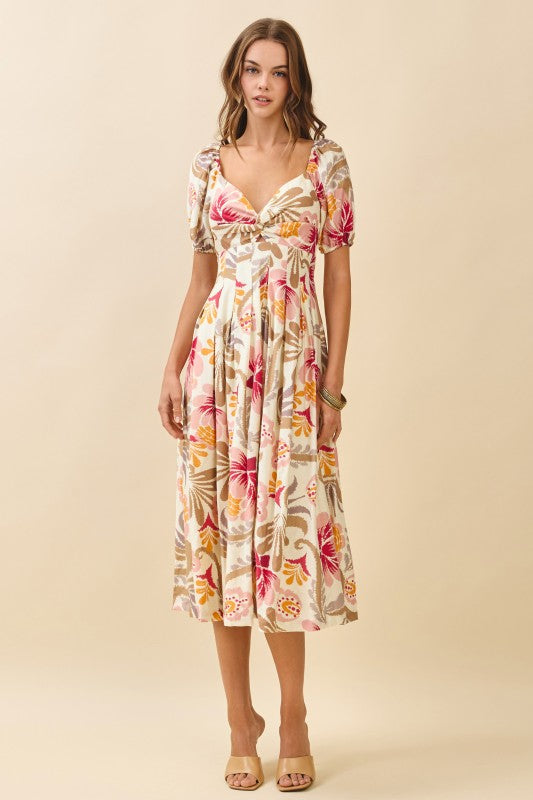 Floral Print Twisted Sweetheart Neckline Dress