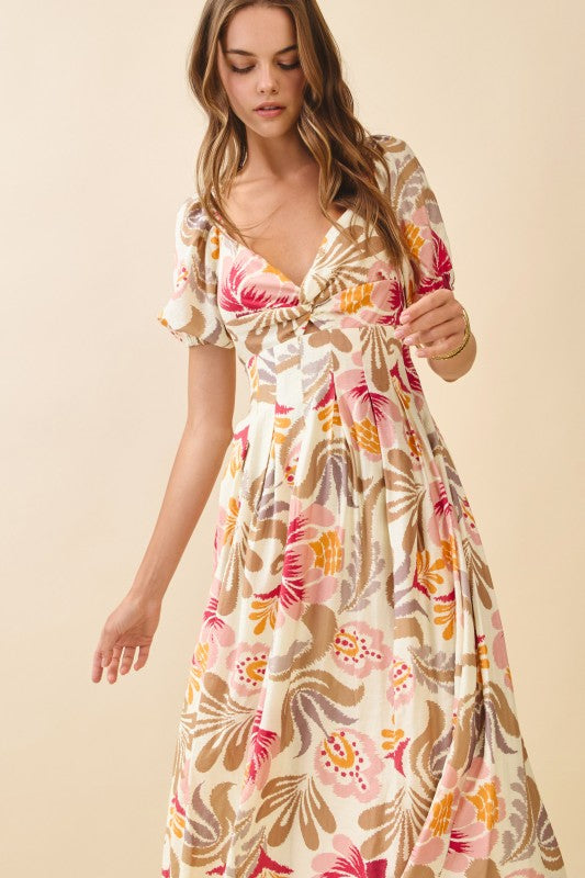 Floral Print Twisted Sweetheart Neckline Dress