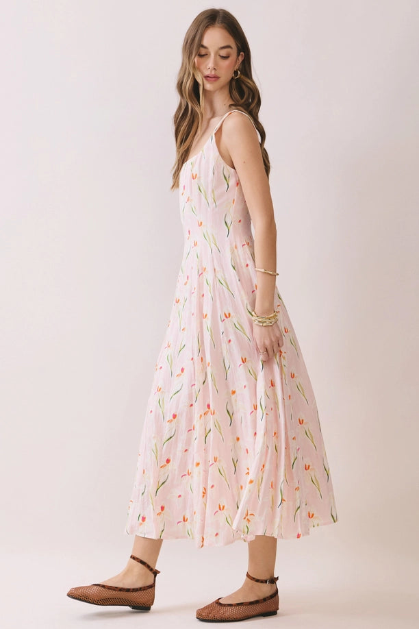 Floral Print Wide Straps Square Neck Midi Dress