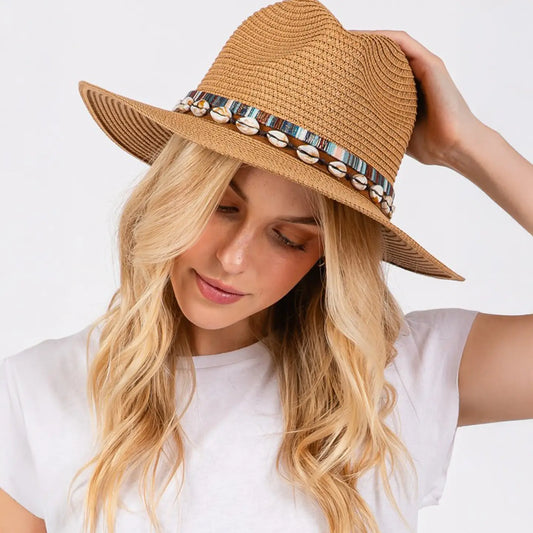 Shell and Multi Color Band Trim Summer Sun Hat