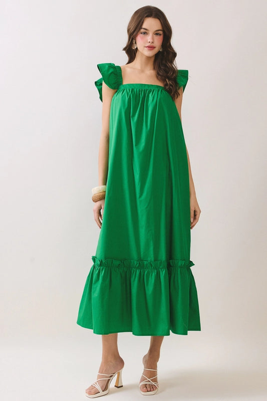 Ruffled Cap Sleeve Square Neckline Midi Dress