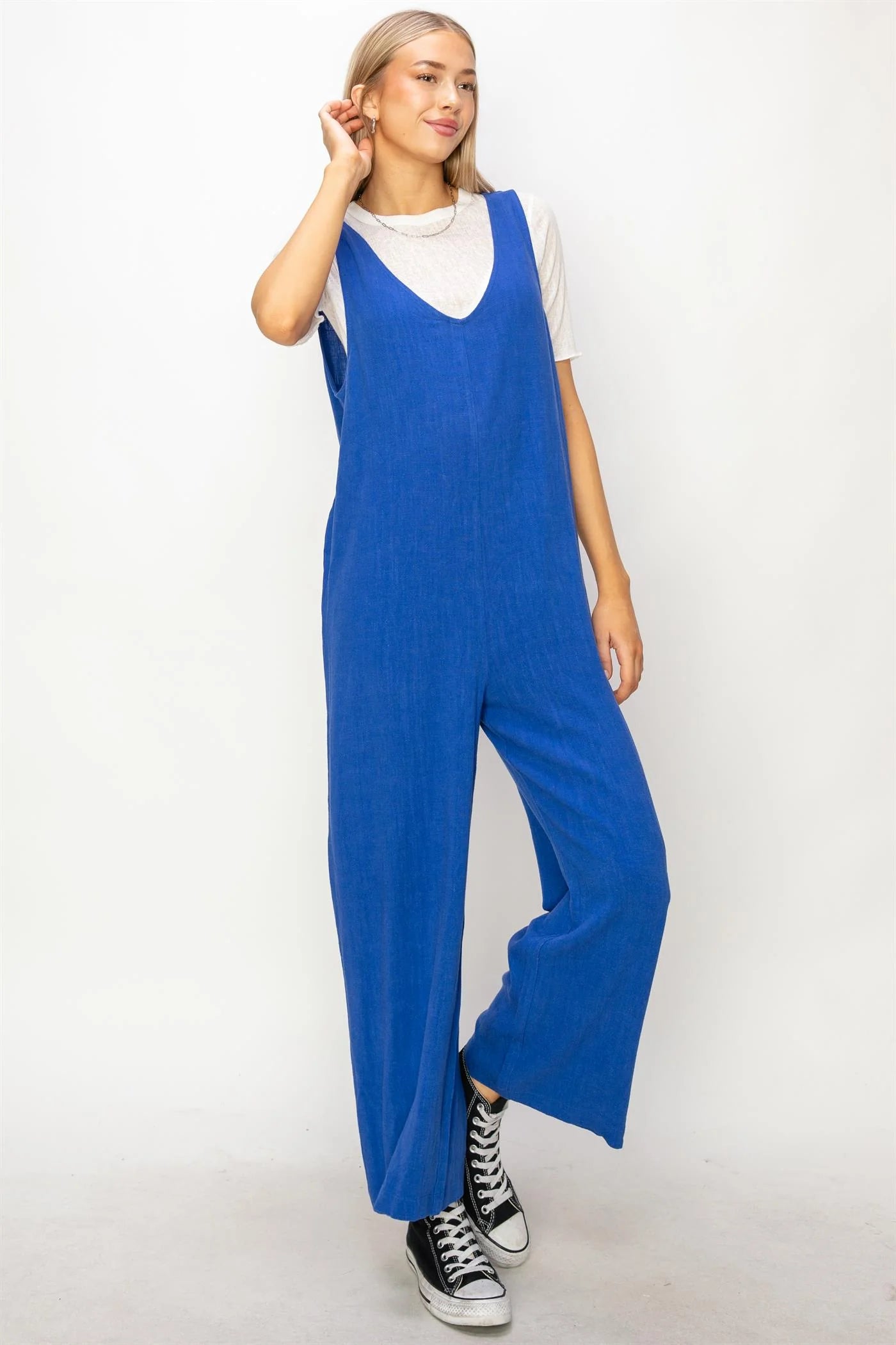 LINEN SLEEVELESS JUMPSUIT COBALT BLUE