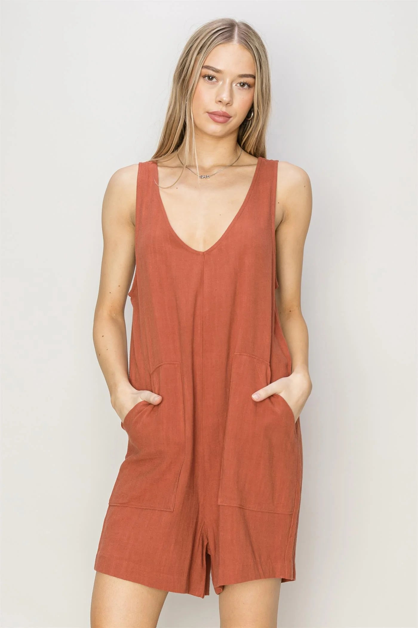 LINEN SLEEVELESS ROMPER -Baked Clay
