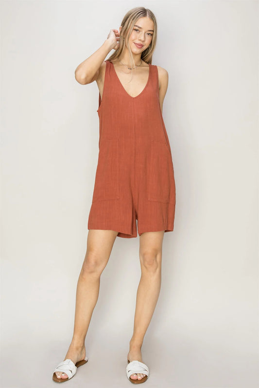 LINEN SLEEVELESS ROMPER -Baked Clay