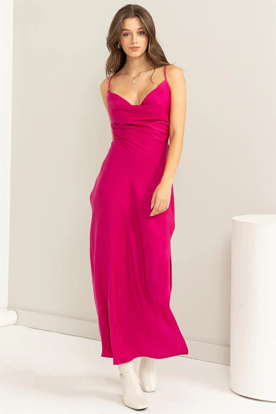 HEART THROB COWL NECK SATIN MIDI DRESS