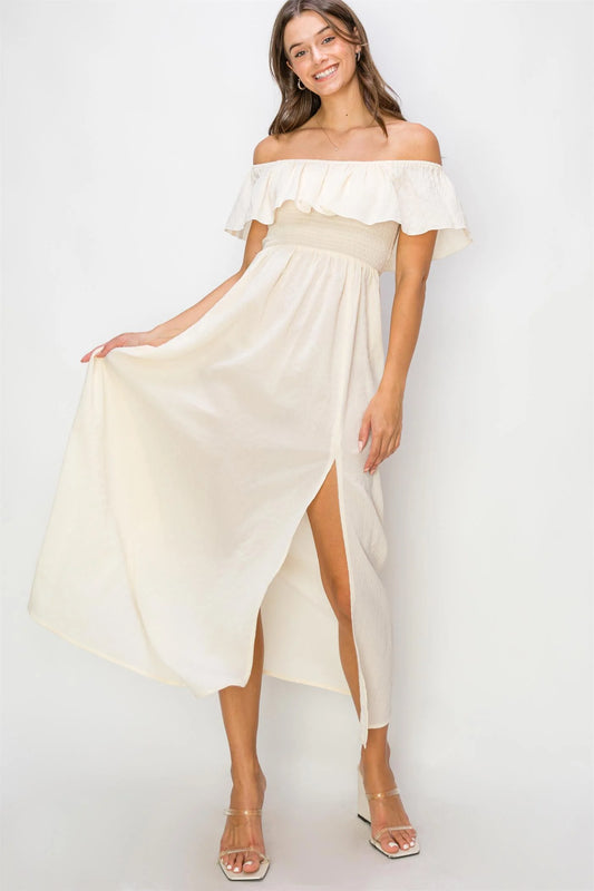 LINEN OFF-SHOULDER MAXI DRESS