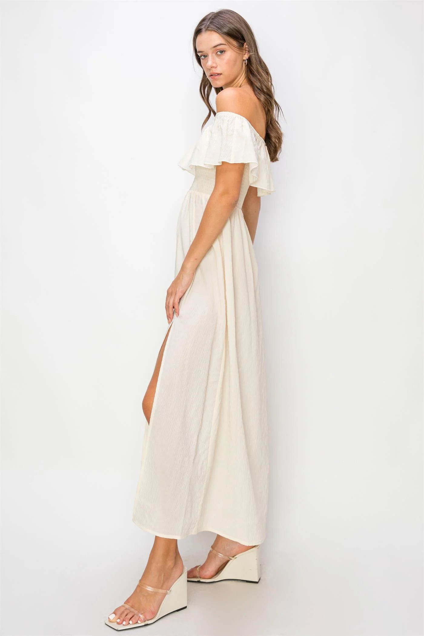 LINEN OFF-SHOULDER MAXI DRESS
