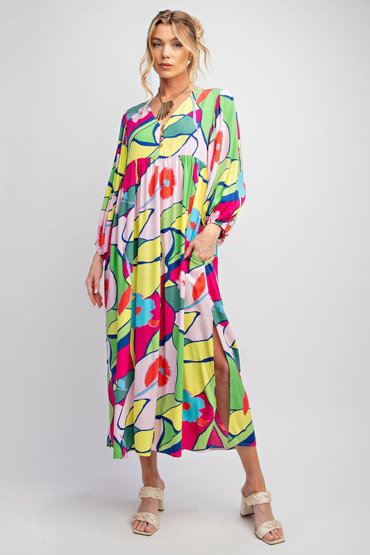 PRINTED CHALLIS BUTTON FRONT MAXI DRESS