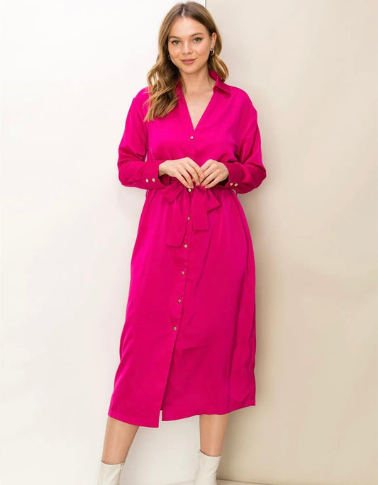 MY BELOVED TIE-BELT BUTTON-FRONT MIDI DRESS