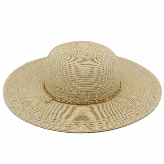 Starfish Charm and Beaded Band Wide Brim Straw Hat
