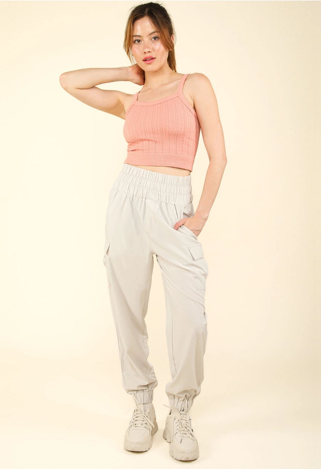 High Waisted Cargo Active Joggers w/ Pockets (Coconut Milk)