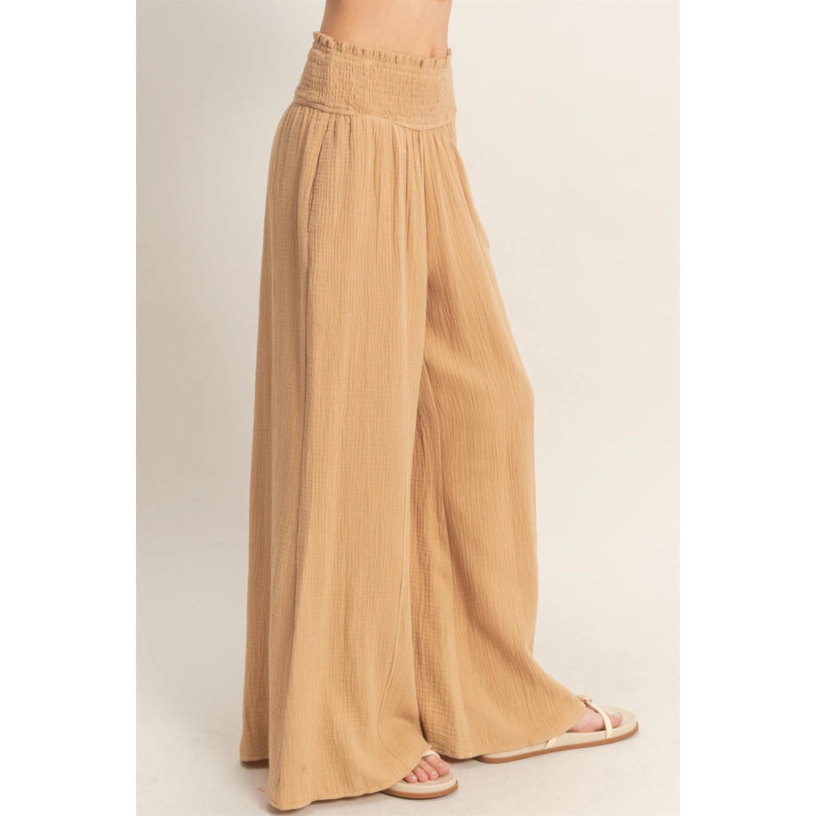 Smocked Waist Wide-Leg Gauze Pants