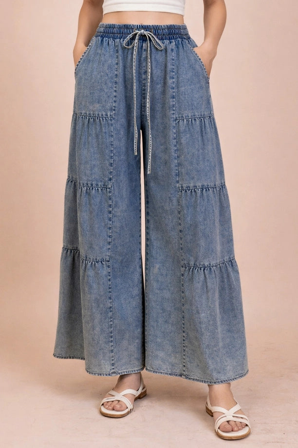 Tiered Layers Mineral Washed Chambray Pants