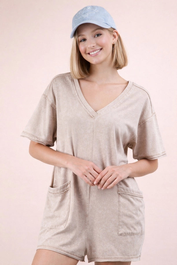Mineral Washed Oversized Casual Knit Romper (Taupe)