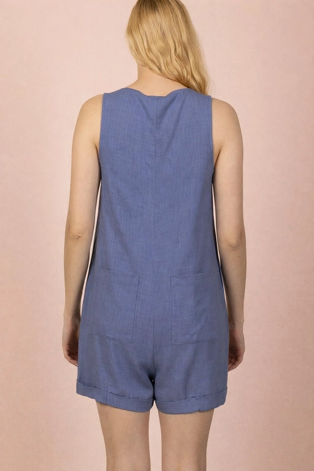 Sleeveless Button Down Linen Romper (Denim)