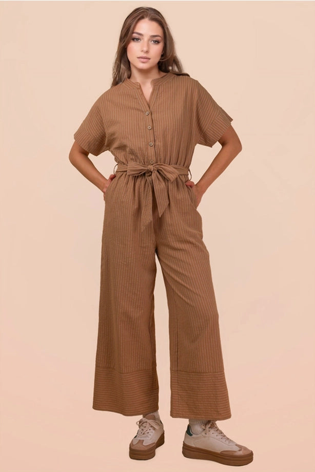 Half Button Down Stripe Linen Woven Jumpsuit
