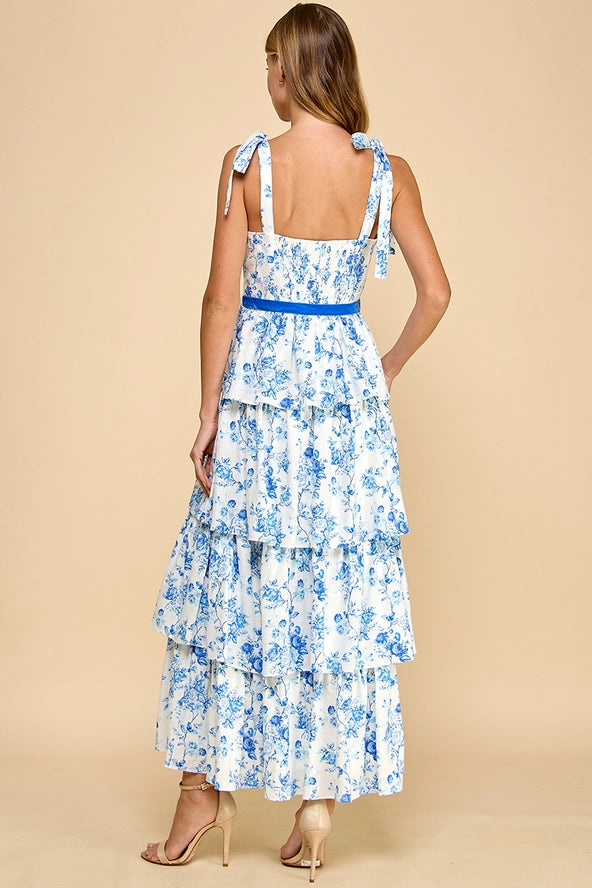 Blue Floral Print Tiered Adjustable Straps Midi Dress