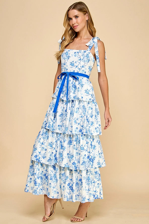 Blue Floral Print Tiered Adjustable Straps Midi Dress