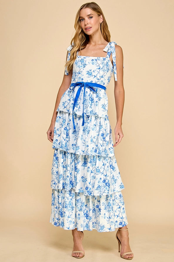 Blue Floral Print Tiered Adjustable Straps Midi Dress