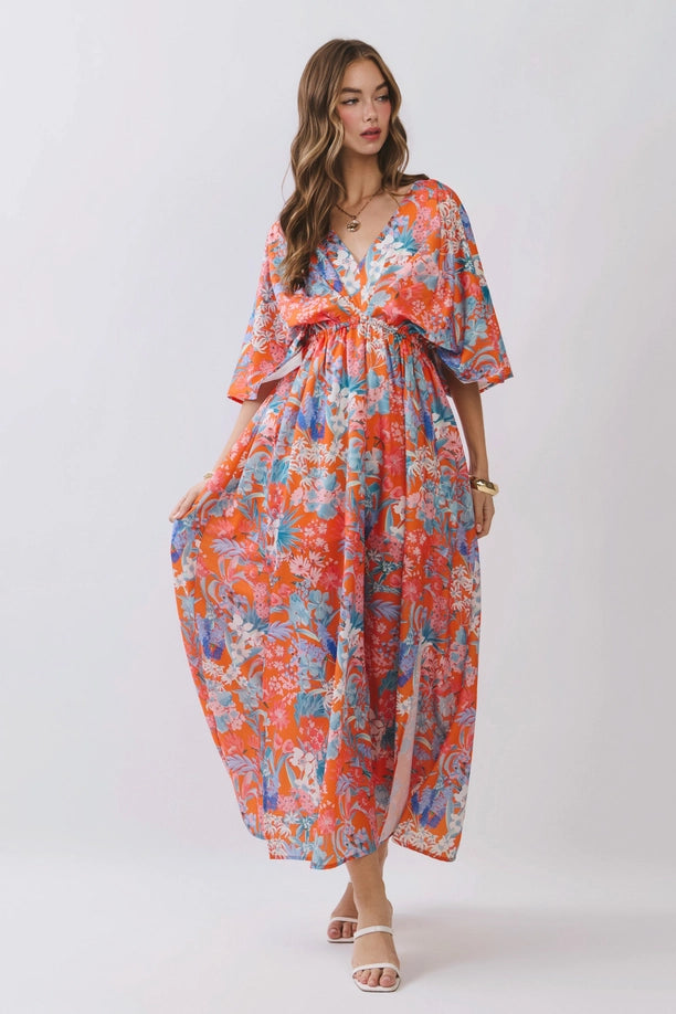 Floral V Neck Empire Waist Maxi Dress