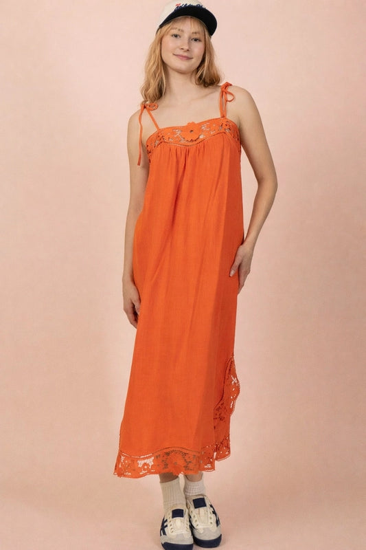 Lace Trim Solid Linen Midi Dress