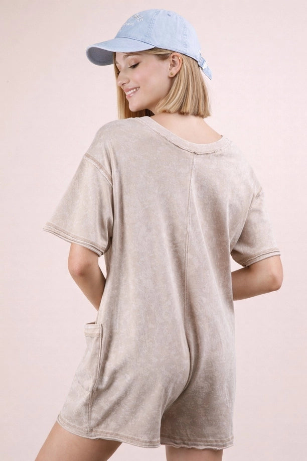 Mineral Washed Oversized Casual Knit Romper (Taupe)