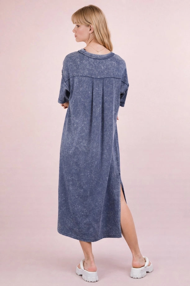 Mineral Washed Casual Comfy Midi Dress