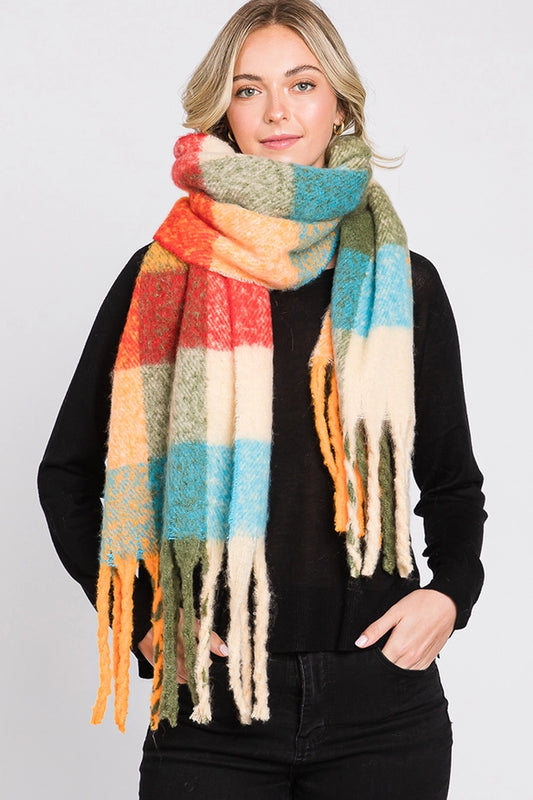 Brushed Multi Color Plaid Fringe Winter Scarf