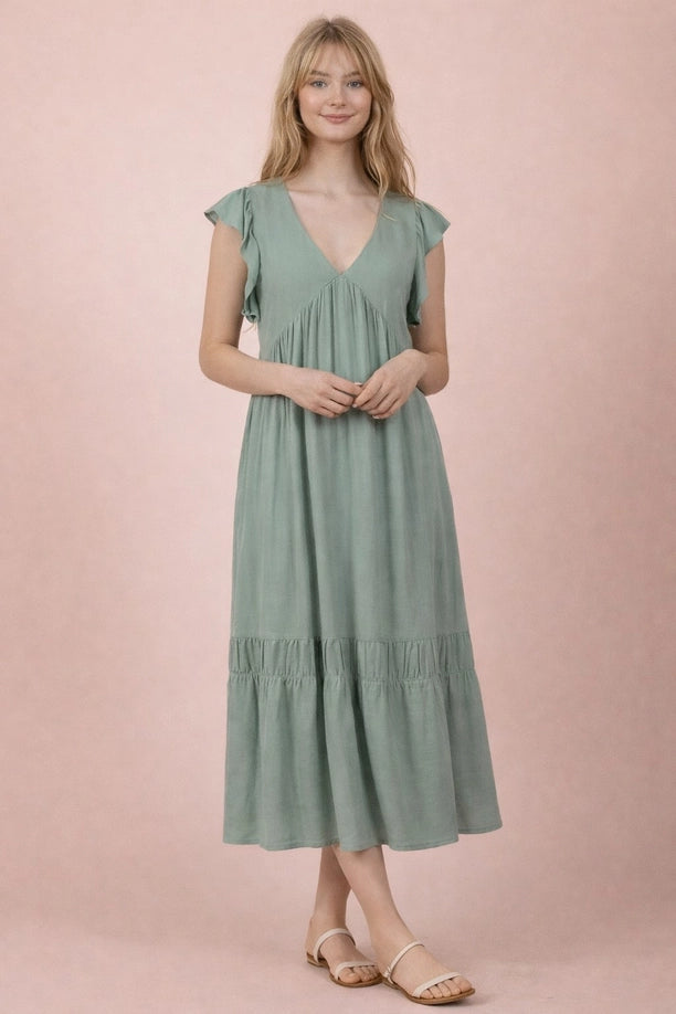 V-Neck Ruffle Sleeve Solid Woven Midi Dress