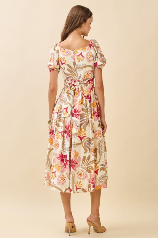 Floral Print Twisted Sweetheart Neckline Dress