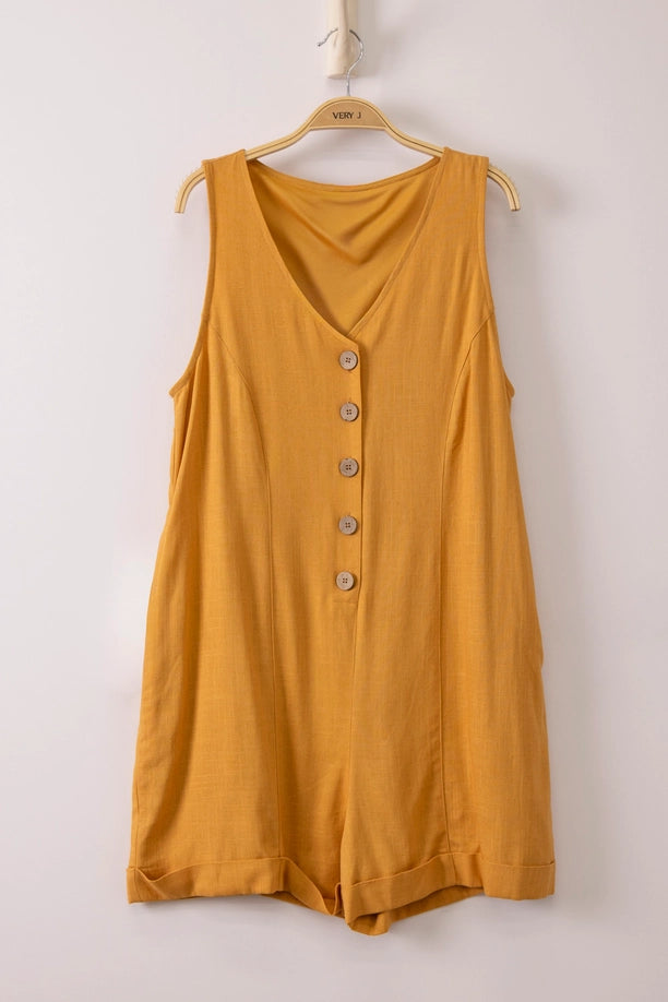 Sleeveless Button Down Linen Romper (Mustard)