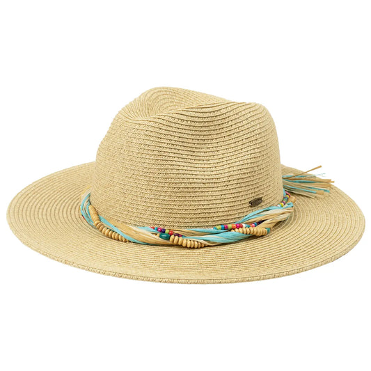 C.C Multi Colored Straw and Bead Band Panama Sun Hat