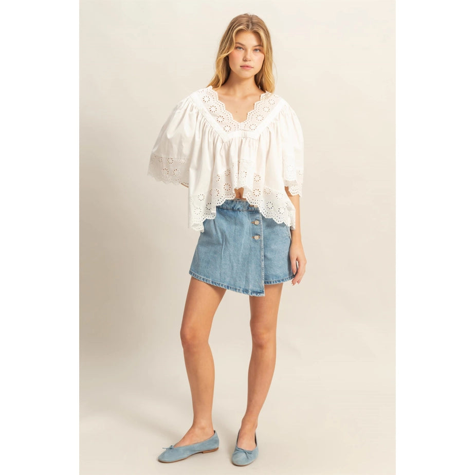 V-Neck Short Sleeve Eyelet Detail Top